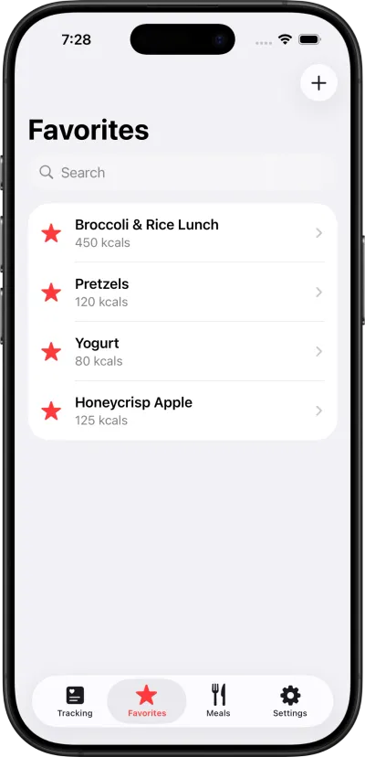 The Favorites screen of Cicolator. It allows users to save and quickly access their most frequently logged meals.