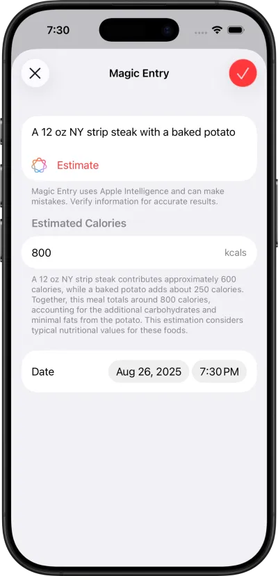 The Magic Entry screen of Cicolator, allowing a user to describe their meal in text and have the calories calculated using Apple Intelligence