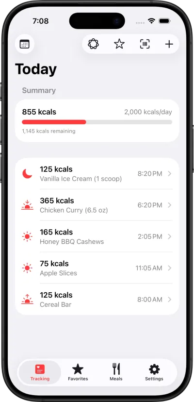 The Tracking screen of Cicolator. It displays the user's calorie log for the day and supplies a summary of their intake at the top