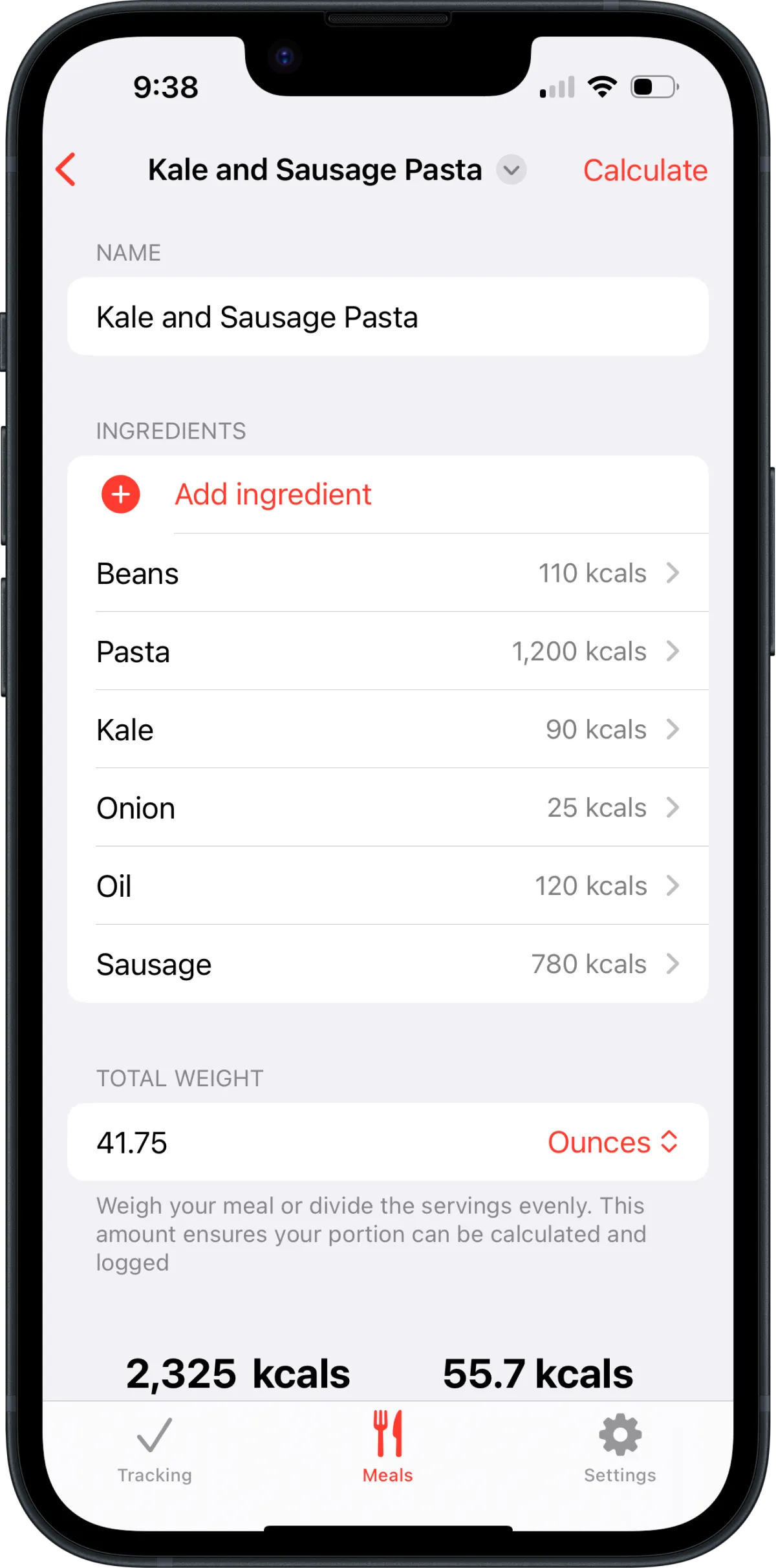 Cicolator's Meal view showing a recipe for Kale and Sausage Pasta with the ingredients and their calories.