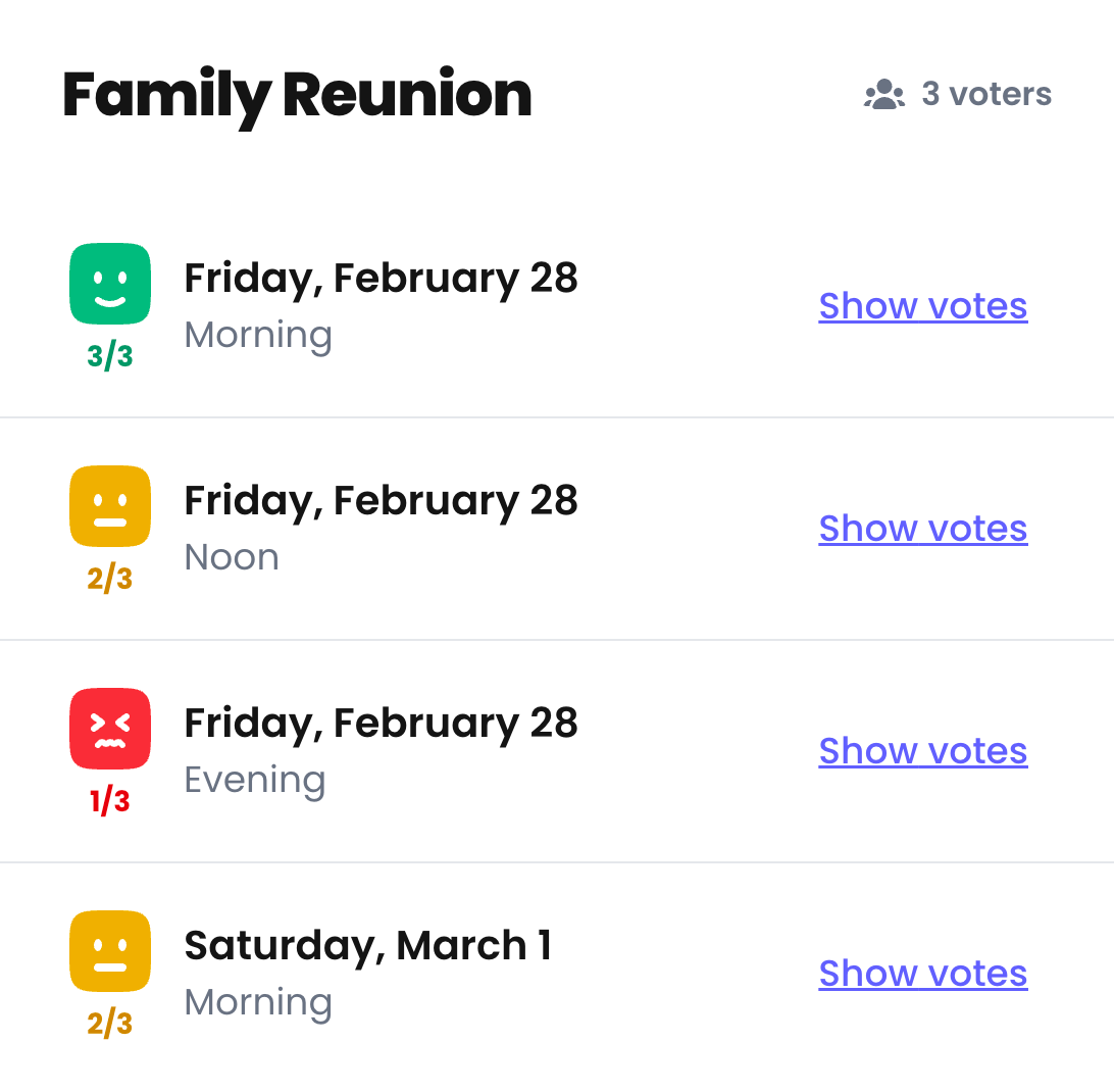 Pickaday's result view showing an event poll with four options and various votes between them.