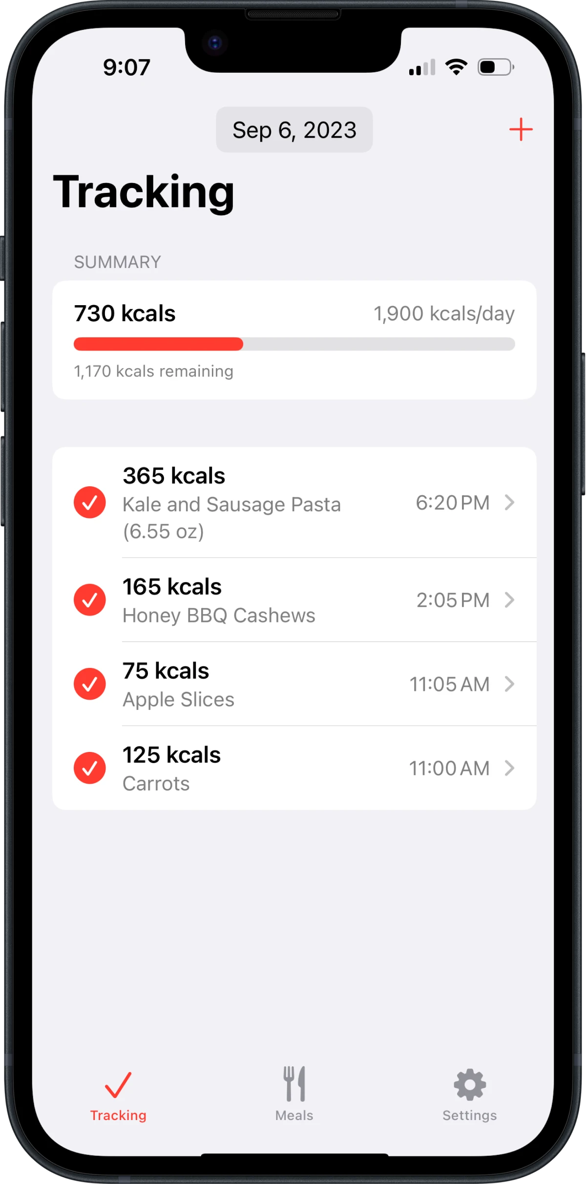 Cicolator's Tracking view showing a variety of calories tracked and the user's total for the day.